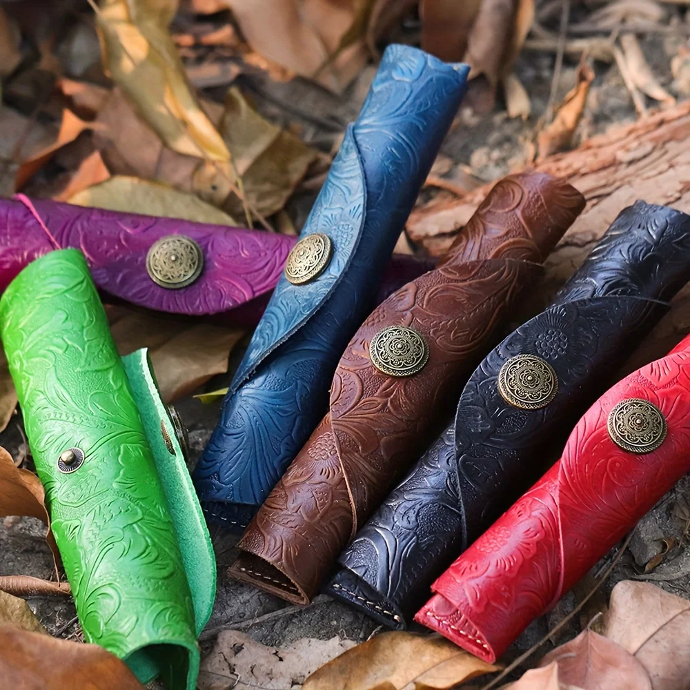 New Genuine Leather Pen Bag With Hand-carved Patterns, With Personality And Retro Handmade, Metal Tang Grass Pattern