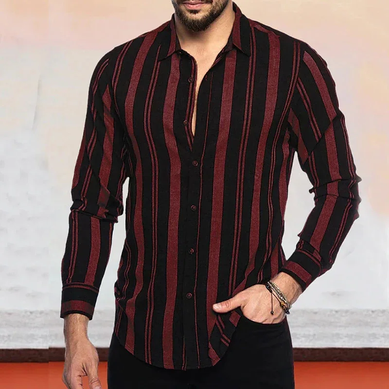 Camisa con botones para hombre, camisa informal de manga larga a rayas, Color negro, rojo y café, ropa de calle diaria, comodidad informal a la moda