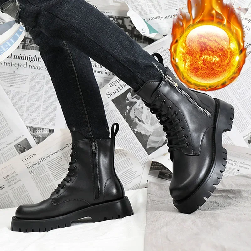 2024 Autumn Winter Shoes Men Leather Boots Thick Sole Non-slip Warm Plush Cold Winter Cow Leather Male Ankle Botas Black KA4867