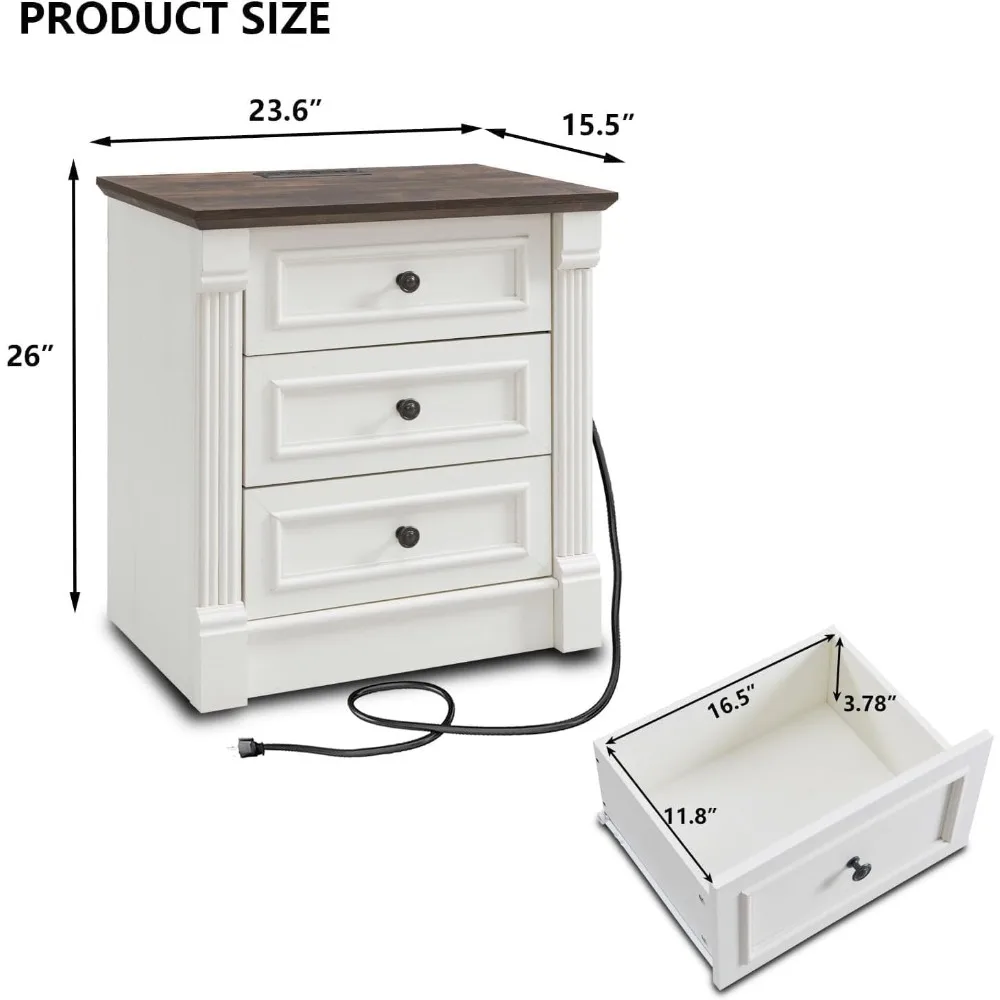 Pair of 26-Inch Tall Farmhouse Nightstands with 3 Drawers and Charging Station, 23.6-Inch Wide Large Side Table featuring Roman