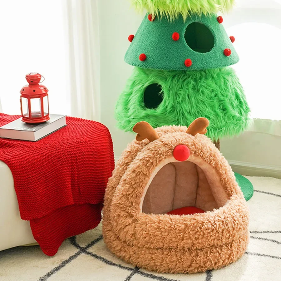 Enclosed Cat Bed Brown Christmas Mat Plush New Year Style Indoor Indestructible Hut Cute Nest Funny Katzenhaus Cats Accessories