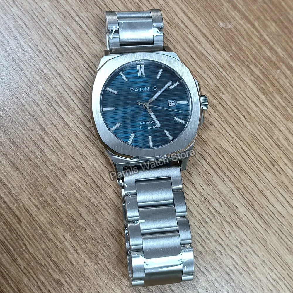 Parnis-reloj mecánico automático de cristal de zafiro para hombre, 42mm, esfera azul, marca luminosa, acero inoxidable 316L