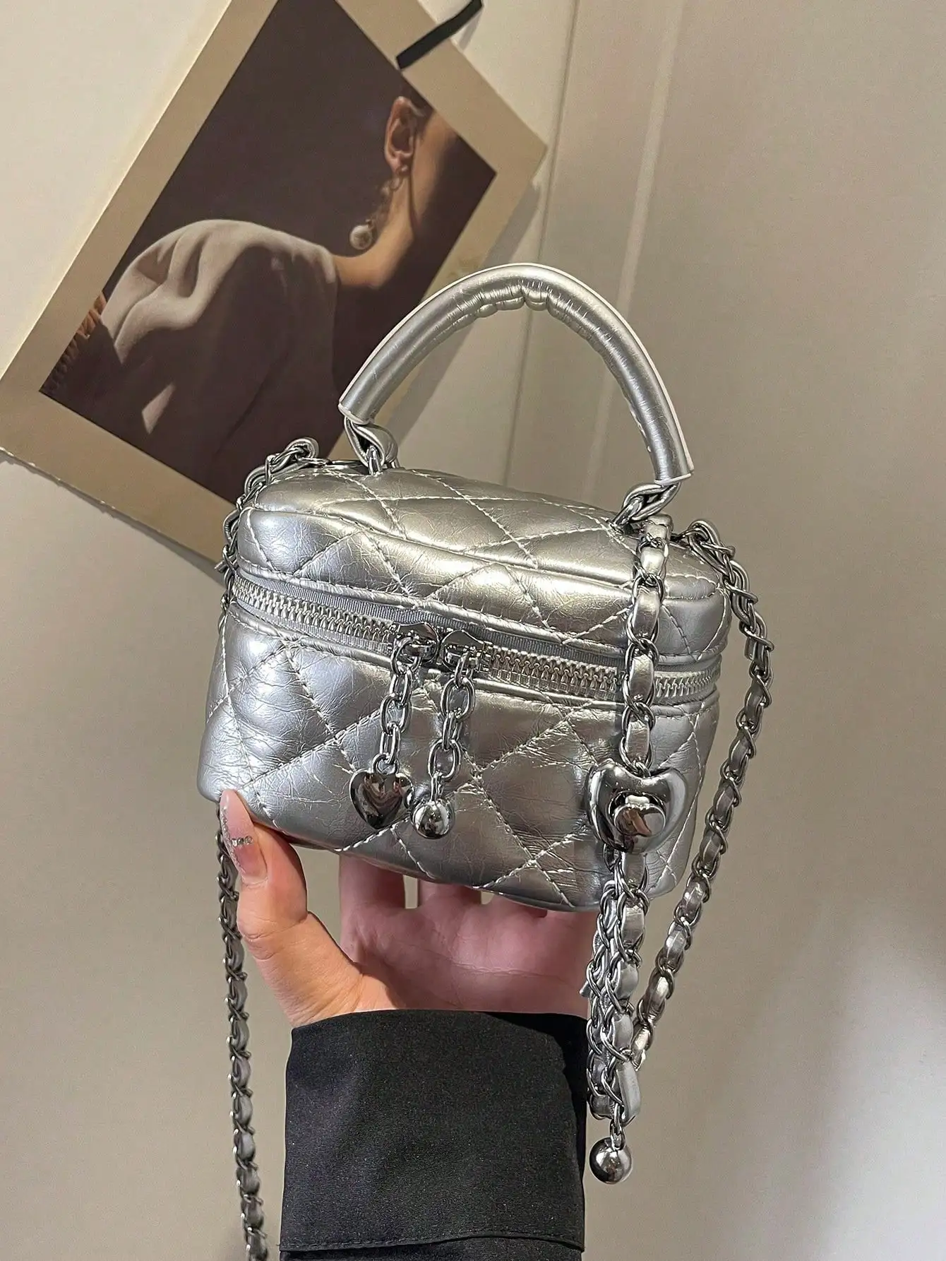 

Quilted Diamond PU Crossbody Bag - Waterproof Lightweight, Love Zipper Decor for Shopping/Travel/Commuting