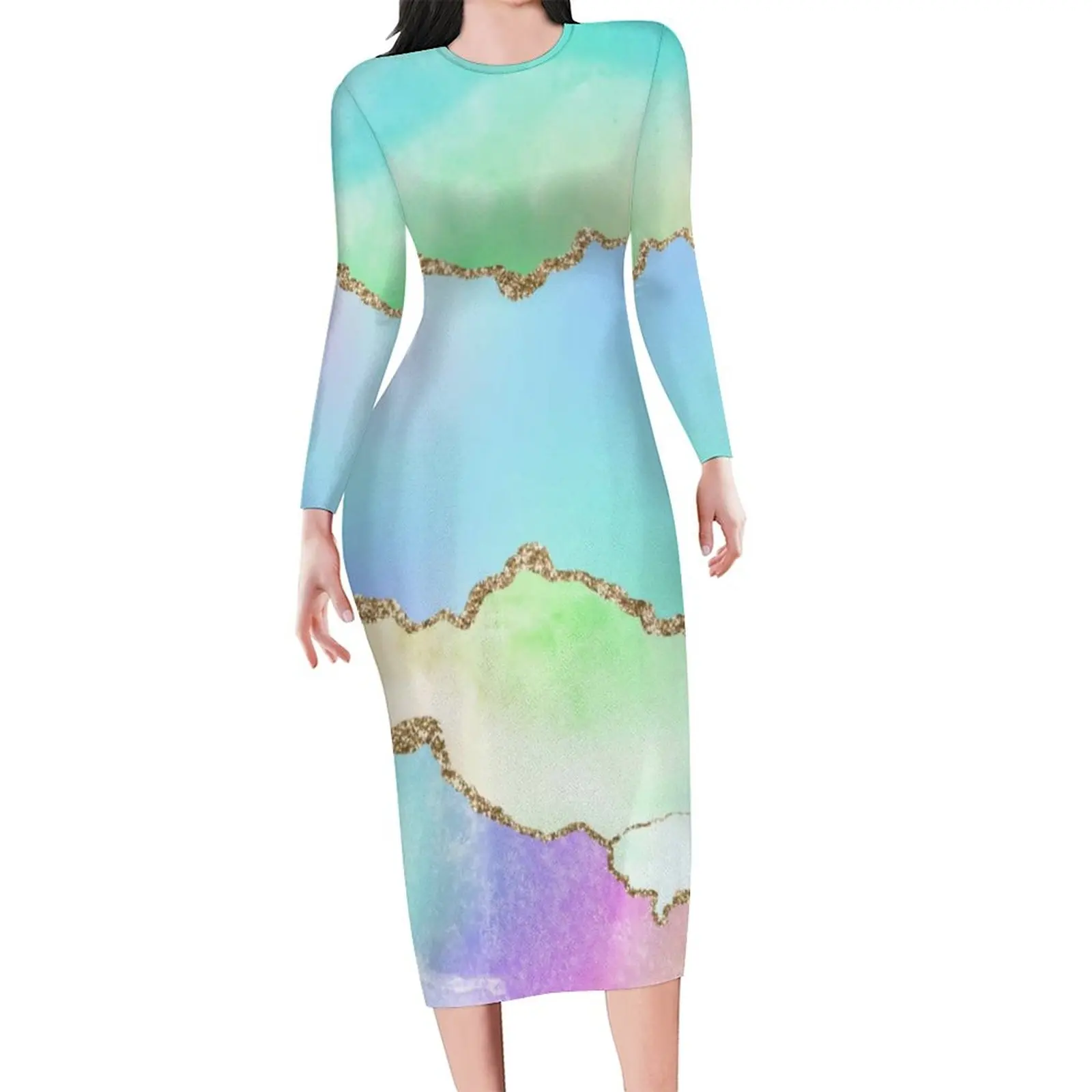 Metallic Texture Dress Long Sleeve Ombre Marble Print Elegant Dresses Holiday Women Aesthetic Bodycon Dress Big Size 4XL 5XL