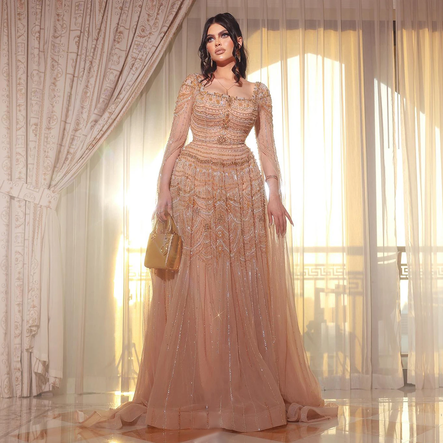 Sharon Said 2025 Dubai Luxury Nude Arabic Evening Dress wih Cape Sleeves Blue White Women Wedding Party Gowns SS591 Customized