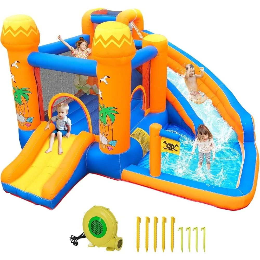 

Kids Inflatable Bounce House w/450W Blower, Kid Bouncer & Water Slide 2 in 1, Outdoor/Indoor Bouncy Castle Water Park