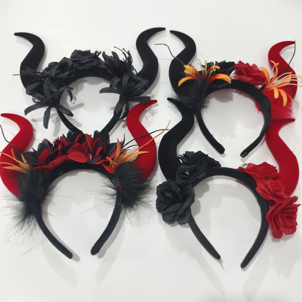 

Black Queen Demon Horns Headpiece Cosplay Animal Antelope Ox Devil Girl Witch Headwear Women Halloween Party Costume Headband