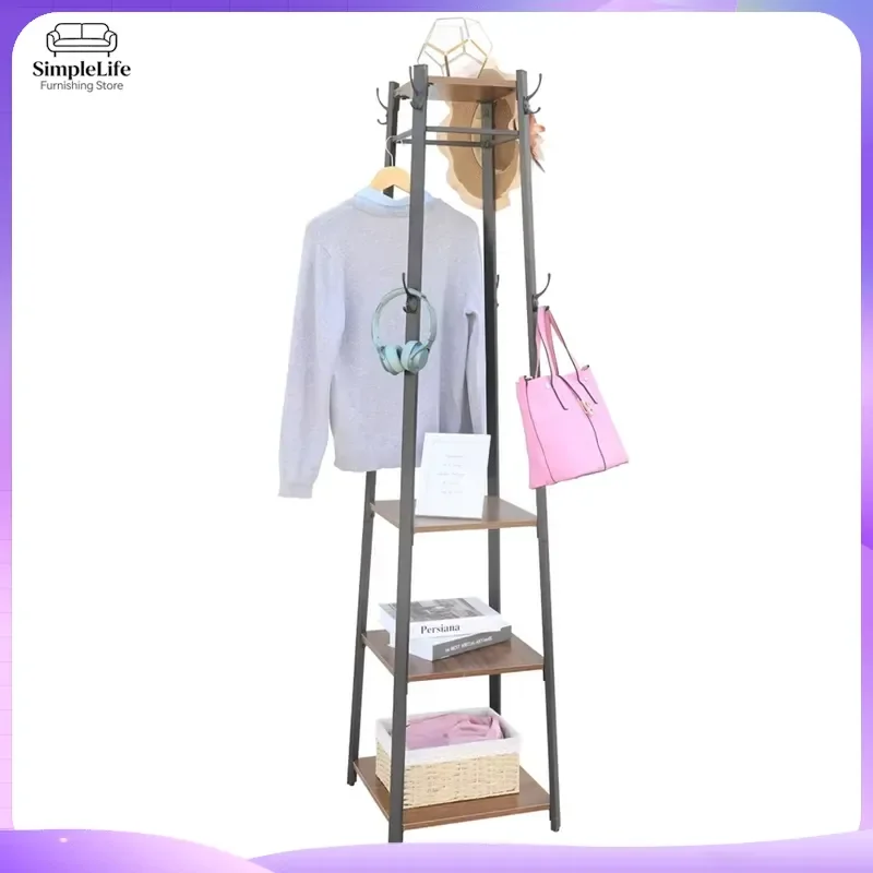 Freestanding Coat Rack with 4 Shelves Metal Garment Rack Stand 8 Hooks for Hats Bags Clothes Organizer Entryway Hall Tree