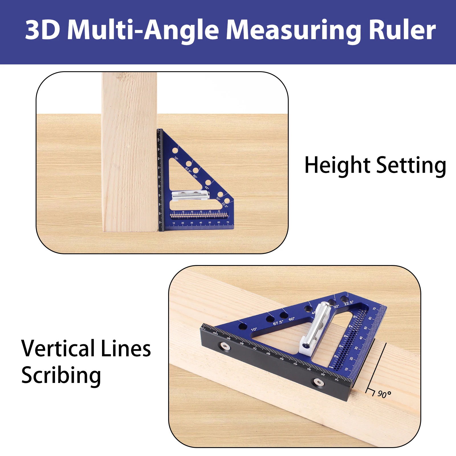 3D Multi Angle Measuring Ruler 22.5-90 Degree Aluminium Carpentry Square Protractor Drawing Line Ruler Miter Triangle Layout