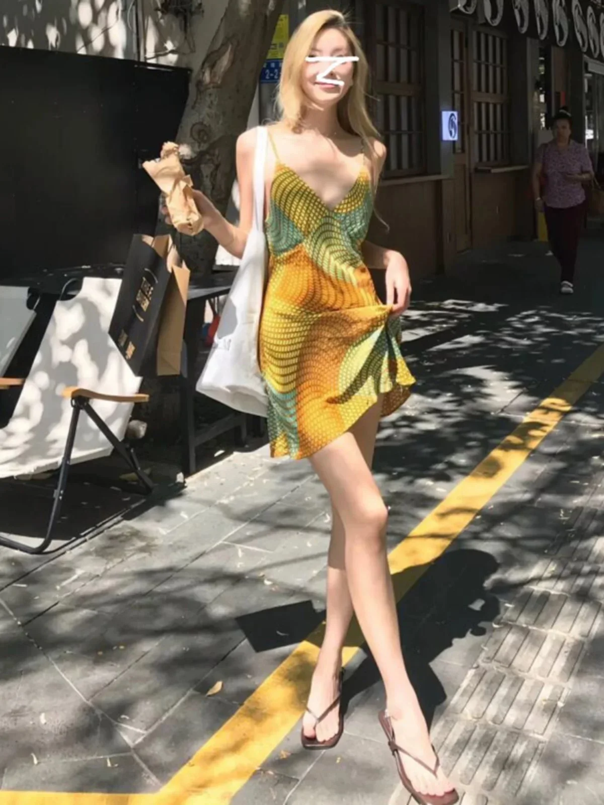 Unique Summer Vacation Style Women's Deep V Neck Strap Dress Thai Style Beach Island Theme Sleeveless Slim Fit A-Line Dress