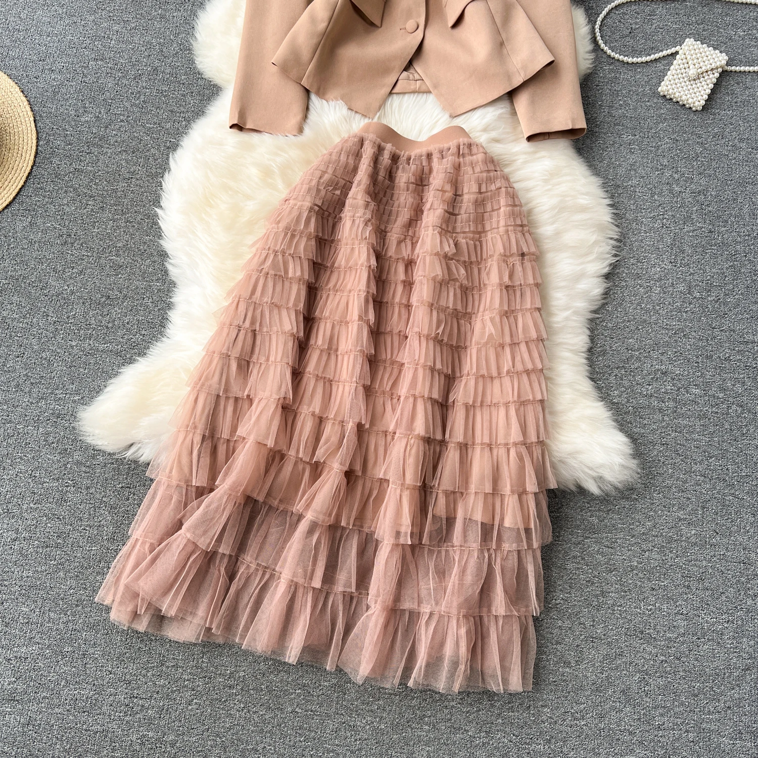 Commute Style Elegant Skirt Suits Fall Winter High-Grade Long Sleeve Jacket Mid-Length Tiered Skirt 2 Piece Sets Women Outifits