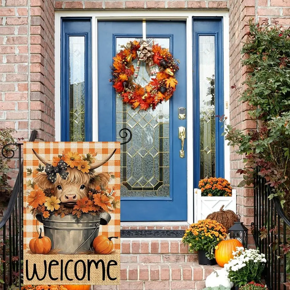 Fall Highland Cow Small Garden Flag 12x18 Inch Double Sided, Best Choice Thanksgiving Welcome Peeps Autumn Harvest Outdoor Seaso