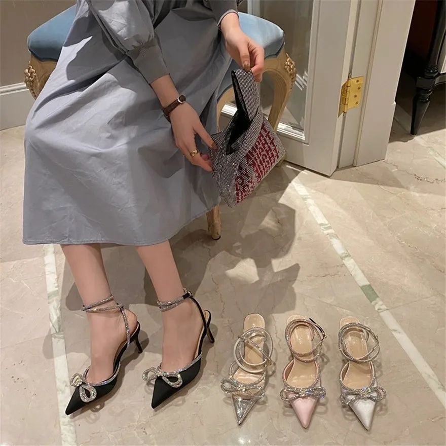 Fashion Diamond Bowknot Women Sandals 2026 Korean Pointy Crystal Buckle Black Pink Silk Wedding Party Dress Lady Shoes High Heel - view 3