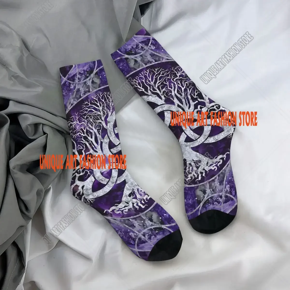 Tree Of Life With Triquetra Amethyst And Silver Men's Socks Retro Harajuku Street Style Novelty Seamless Crew Sock