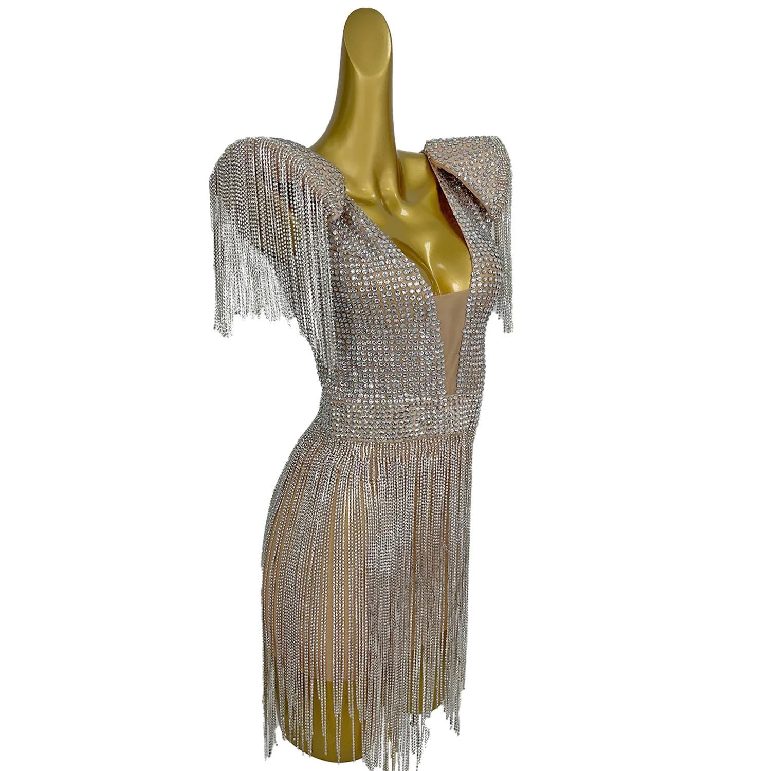 Silver Heavy Industry Tassel Dress Sexy V-neck Padded Shoulder Patchwork Mesh Dress Nightclub Club Party Festival Dress liuhai