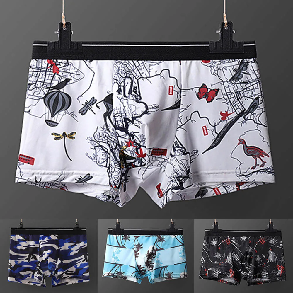 Fashionshorts Men Sexy Print Ice Silk Beach Style Underwear Briefs Bulge Pouch Soft Underpants Trunksshorts