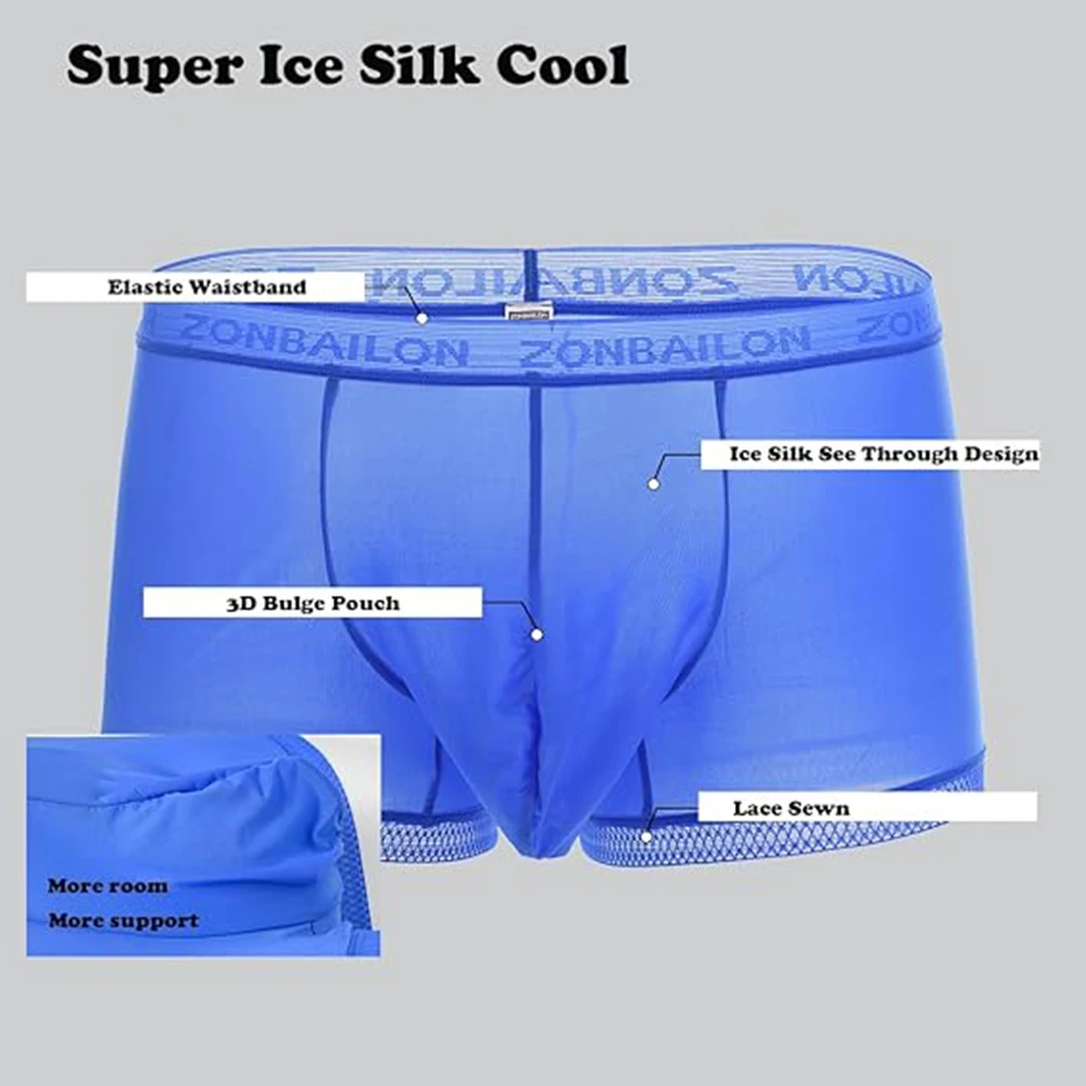 Zonbailon Men's Ice Silk Cool Boxers Briefs Trunks Sexy See-Through Underwear