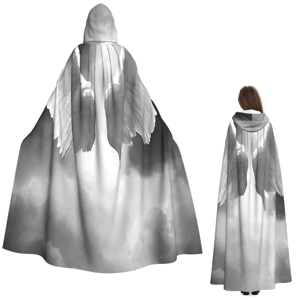 

Vintage Angel Wing Elegant With White Feathers Long Hooded Cloak Witch Medieval Costume Cosplay Cape HalloweenCoat Adult Unisex