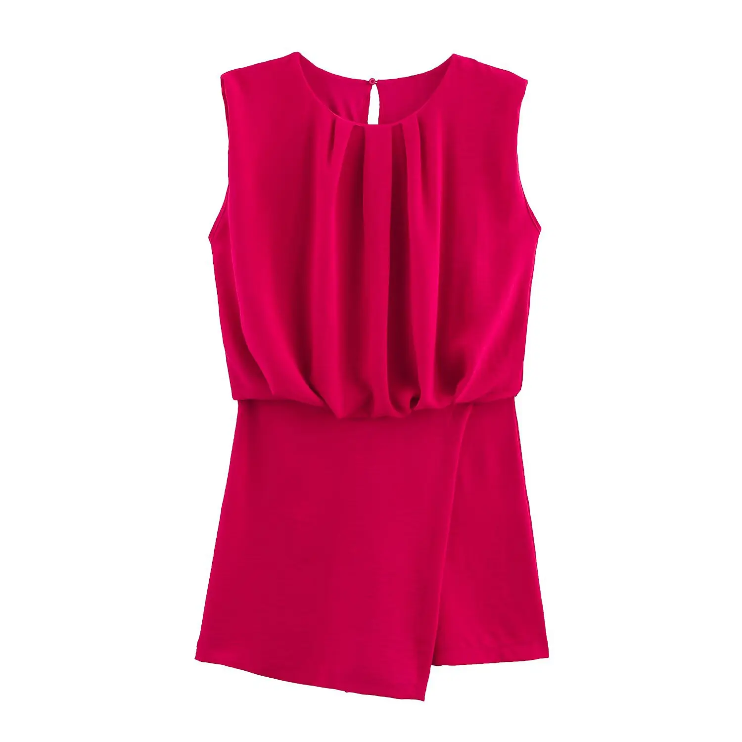 

Women's Pleated Jumpsuit Round Neck Sleeveless Rear Invisible Zipper Slit Shorts Spring and Summer New Casual Chic Jumpsuit