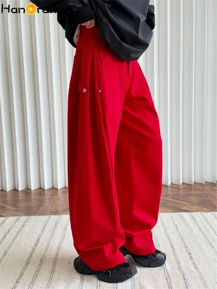 HanOrange 2024 Early Spring Wide Leg Pants Women Comfortable Breathable Casual Trousers Grey/Red