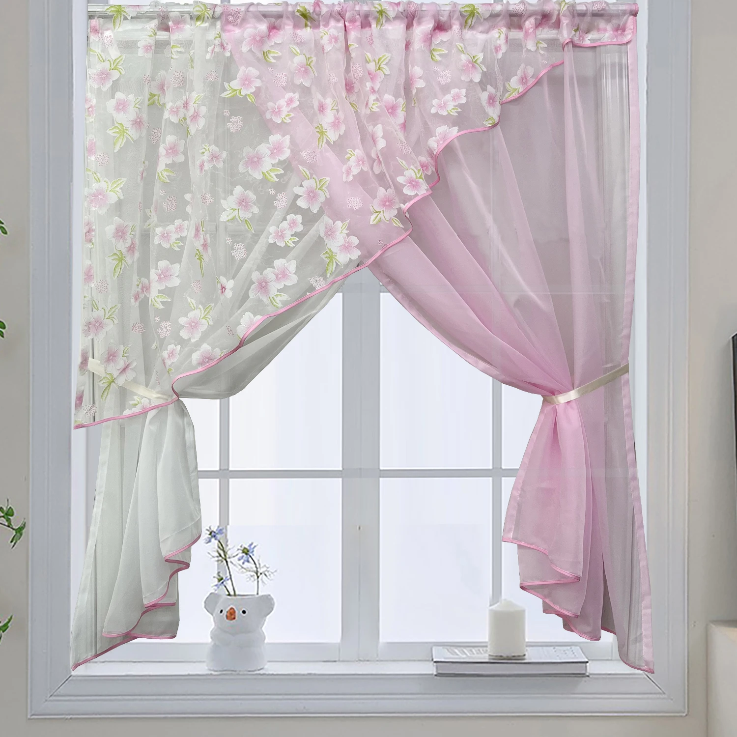 Unique Design Pink and White Cross Translucent Curtain, Pink Print Flower Kitchen Short Curtains For Living Room Farmhouse Decor