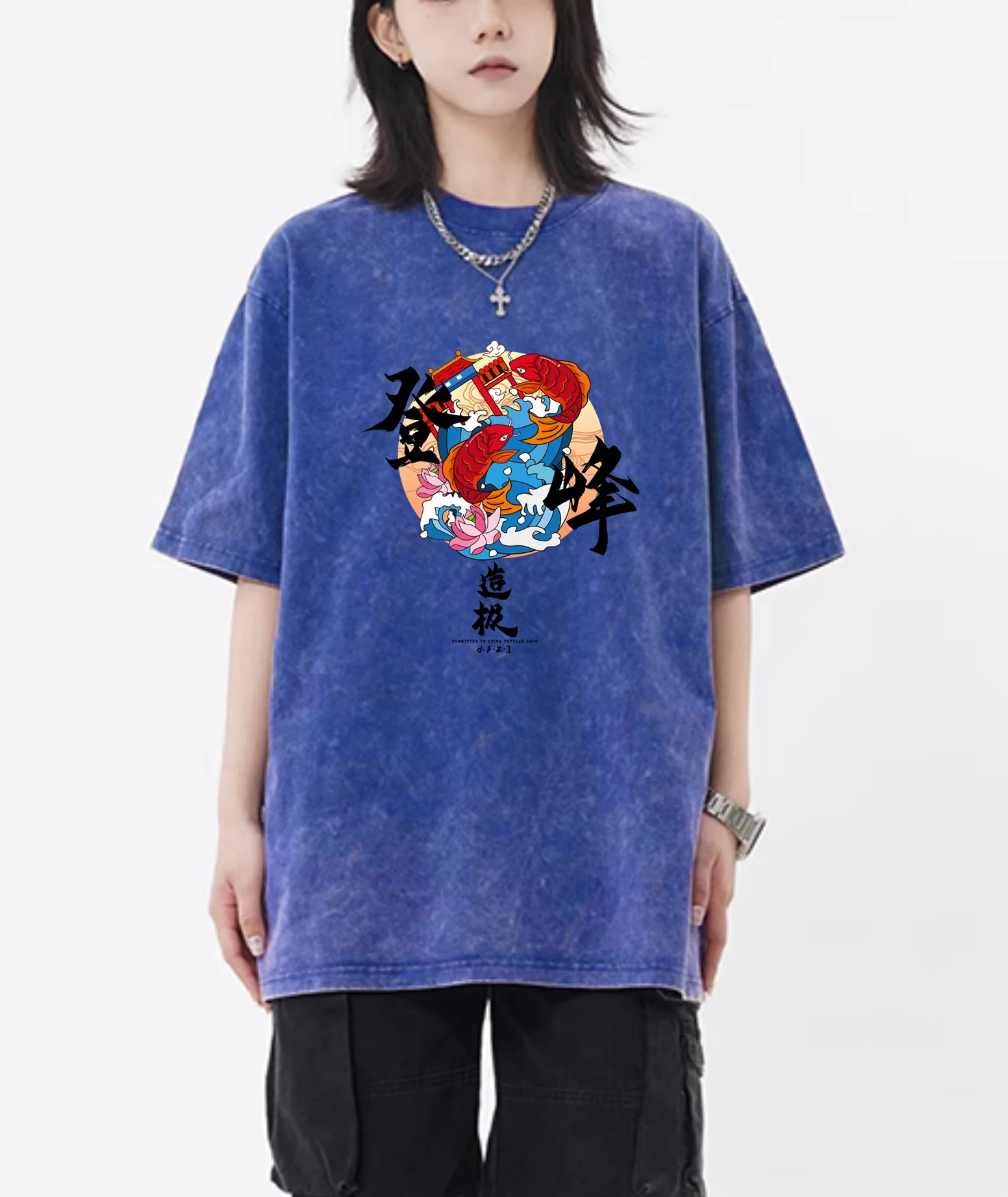 Fish Script Art Prints Washed Female Tee Shirts Breathable Casual T-Shirt Summer Cotton Short Sleeve All-Match Loose Top