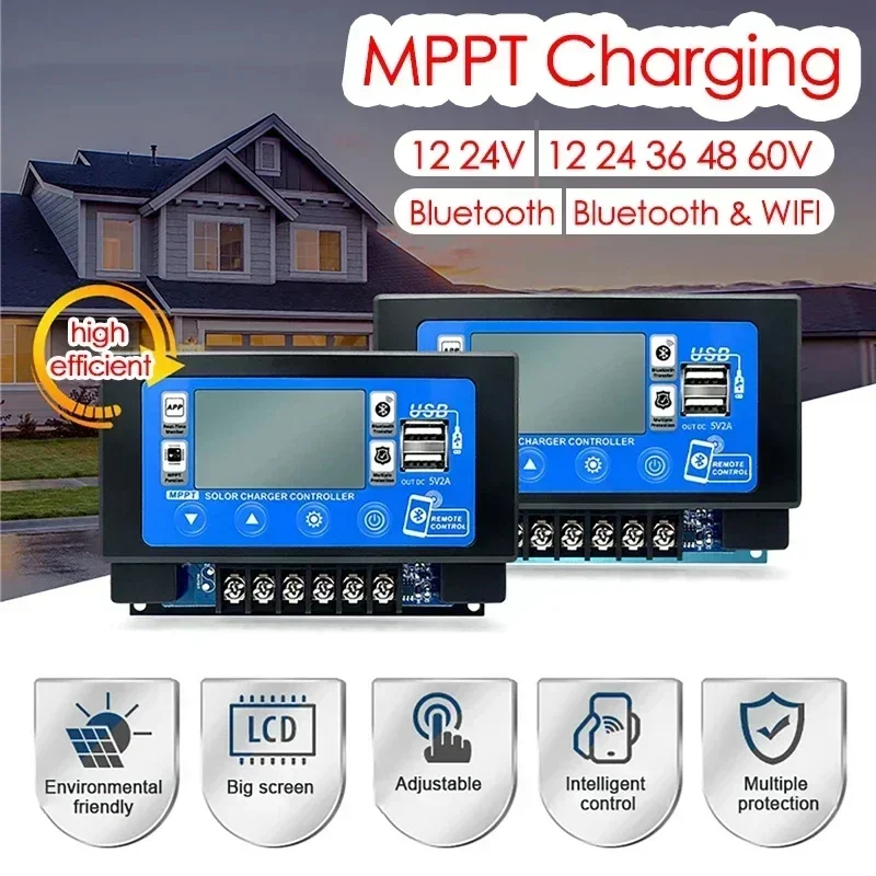 30A/60A Bluetooth WIFI Embedded Snap-on Energie Speicher MPPT Controller Solar Panel Batterie Smart Regler 12V/24V LCD Display