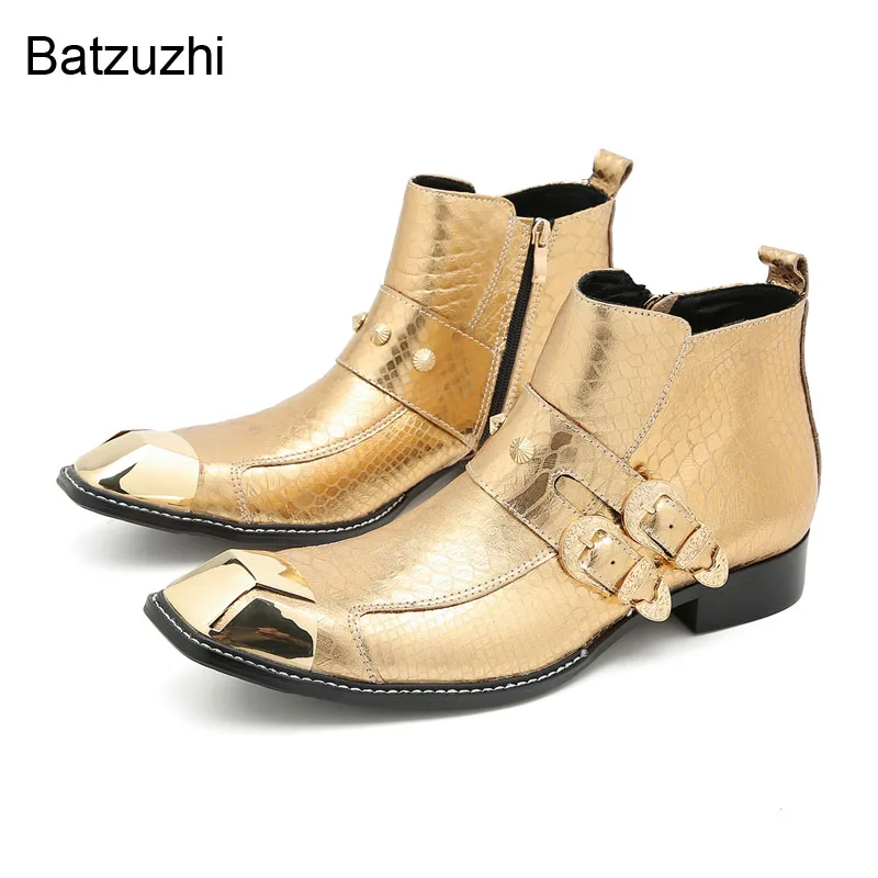 Batzuzhi Italian Type Men's Boots Shoes Metal Toe Yellow Genuine Leather Ankle Boots Men Zip Buckles Rock Party Boots for Men!