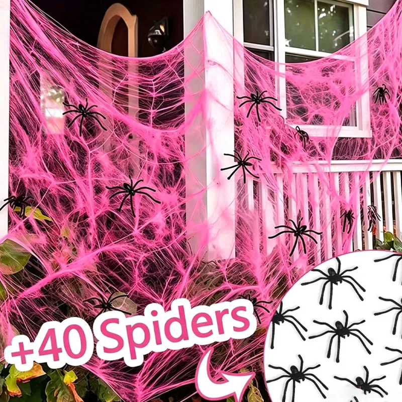 1-4Bags Halloween Horror Pink Fake Spider Web Cotton Mesh Nest Creepy Decoration for Haunted House Escape Room Party Props