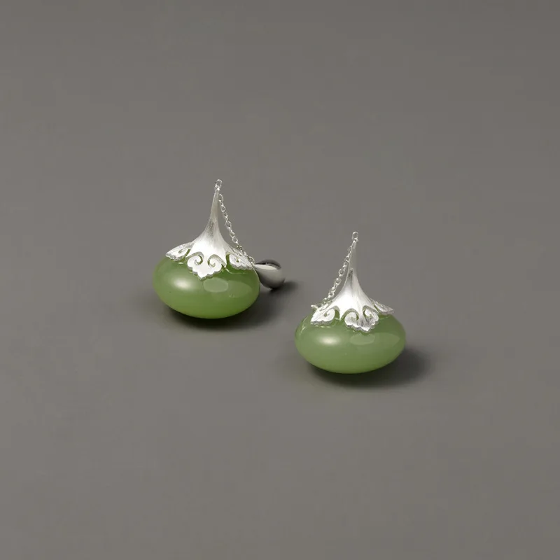 AMXIU Original Design Copper Alloy Earrings With Aquamarine Green Glass Beads, New Chinese Style Shoulder Design, Cloud Pattern