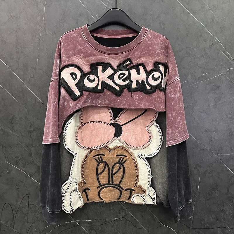 2025 New Spring Colorblock Faux Two-piece Long Sleeve Hoodie Top Cartoon Patch Embroidery O-neck Pullover Women Loose Sweatshirt