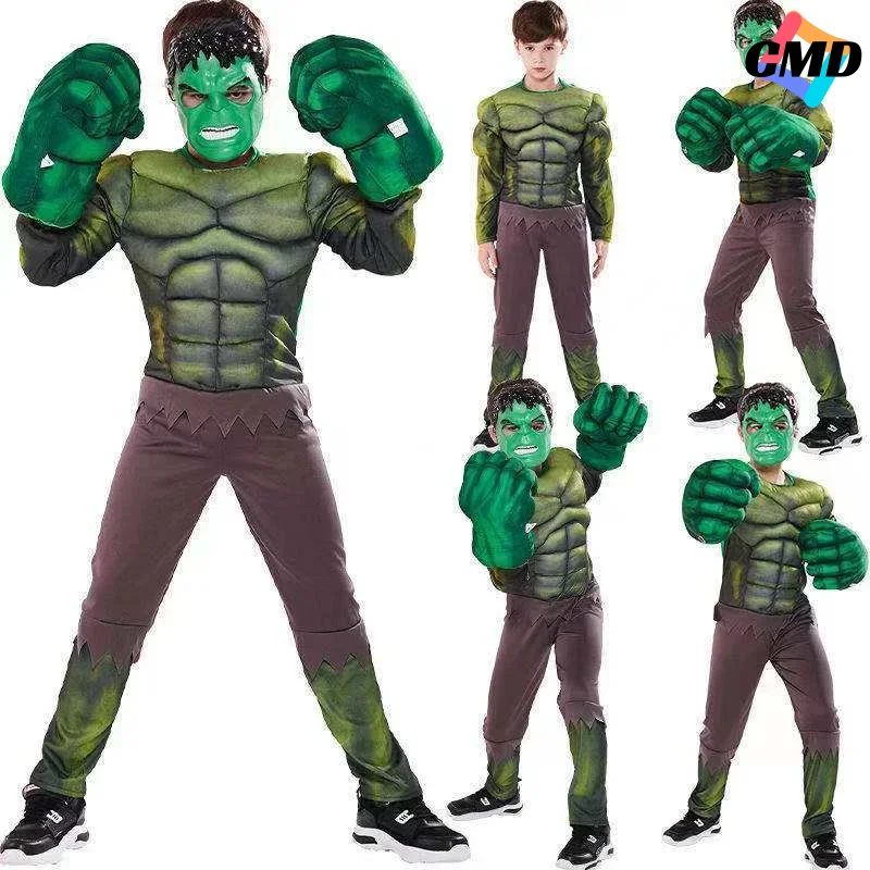 Cos Kids Green Superheroes Anime Cosplay Muscle Costumes with Gloves Boys Birthday Halloween Carnival Party Hulk Dress Up Jumpsu