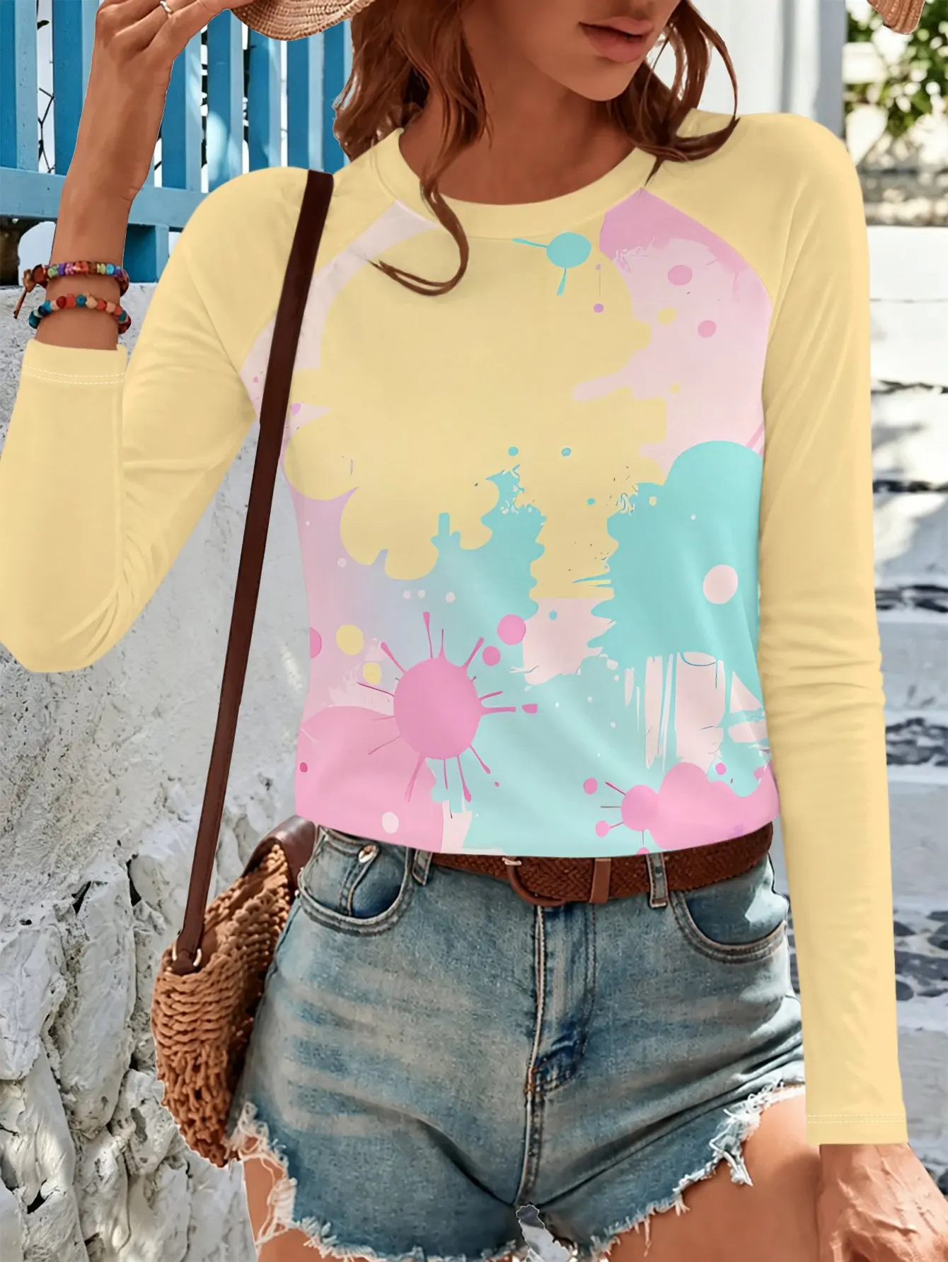 Women Long Sleeve T-shirt Round Neck Pastel Splash Ink Print Casual Tops Spring Autumn Fashion Women's Clothes