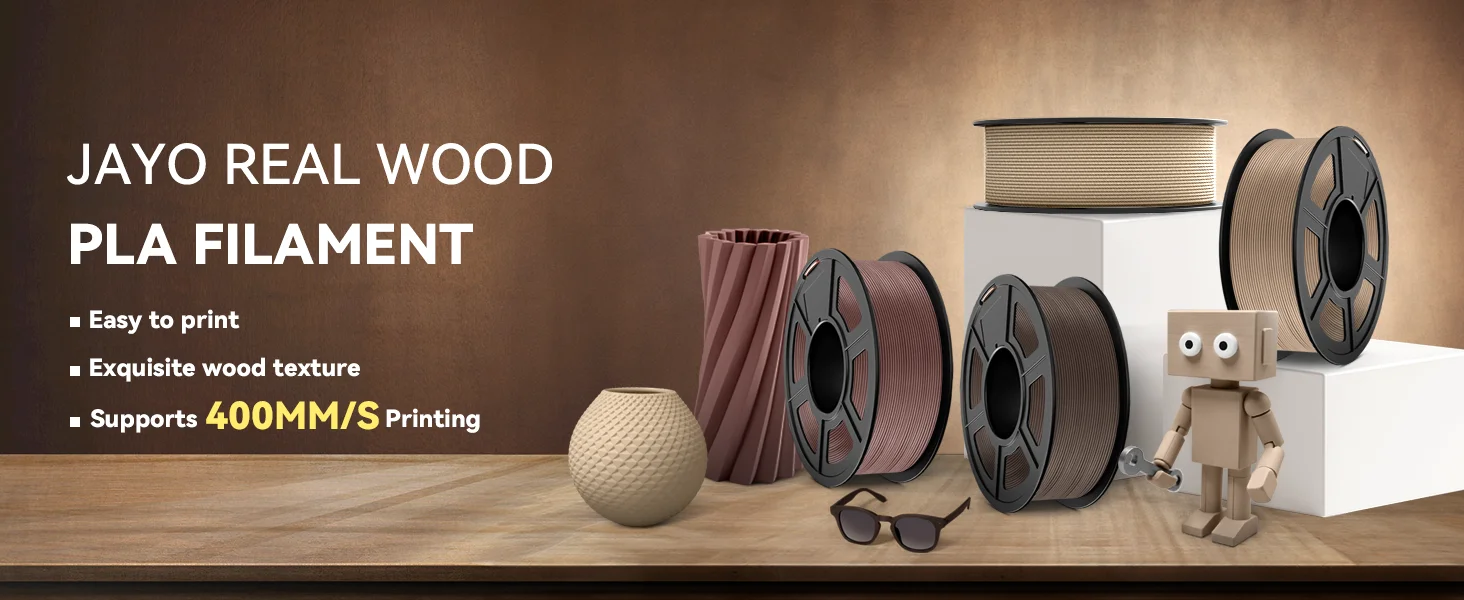 JAYO 3D Wood PLA Printer Filament 1.75mm 15% Real Wood Fibers Dimensional Accuracy +/- 0.02mm Fits Most FDM 3D Printers 4 Rolls