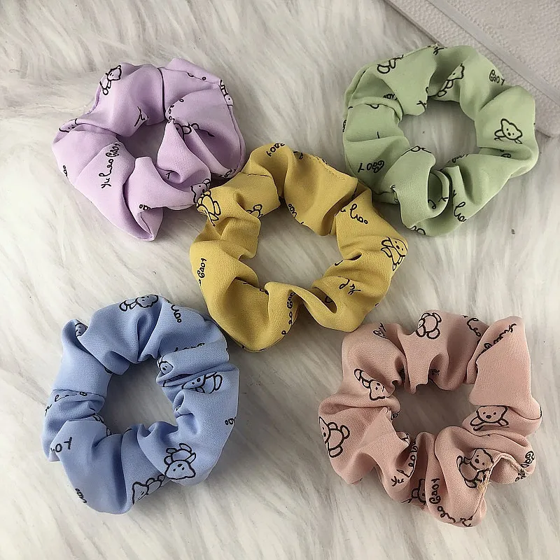 

Young Girl Fashion Cartoon Bear Print Scrunchies Headband Elastic Rubber Hair Band Women Ponytail Holder Hair Ties Accessories