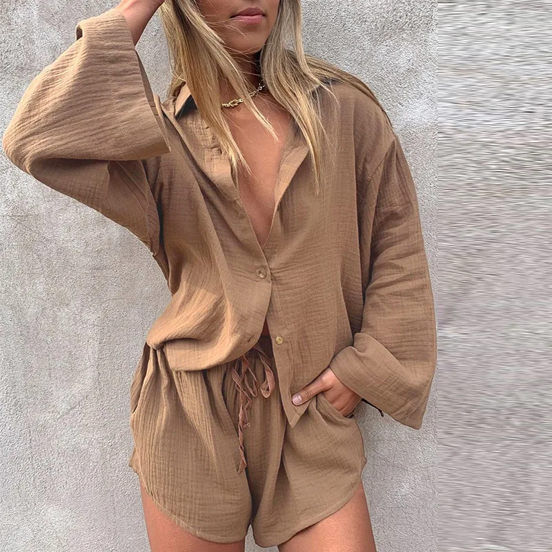 Spring Summer Elastic Waist Shorts Set Fashion Loose Flare Long Sleeve Shirts Suit Blouse Casual Simple Solid Women Outfits 2023