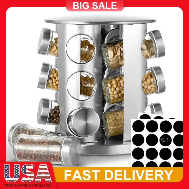 

Stainless Steel Rotating Spice Organizer with 12 Glass Jars 360° Turn Space Saving Countertop Storage for Kitchen Pantry Cabinet