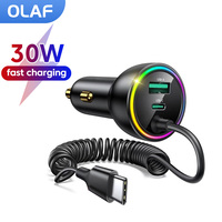 PD30W Car Charger Retractable Car Cigarette Lighter Adapter USB Type C Fast Car Phone Charger For IPhone Xiaomi Huawei Samsung