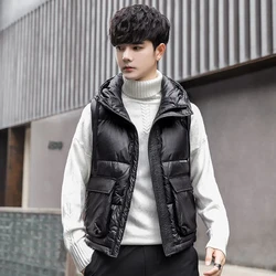 Down Vest Men Jacket Korean Fashion Warm Hooded Sleeveless Gilet Homme Autumn Winter Pocket Casual Short Waistcoat