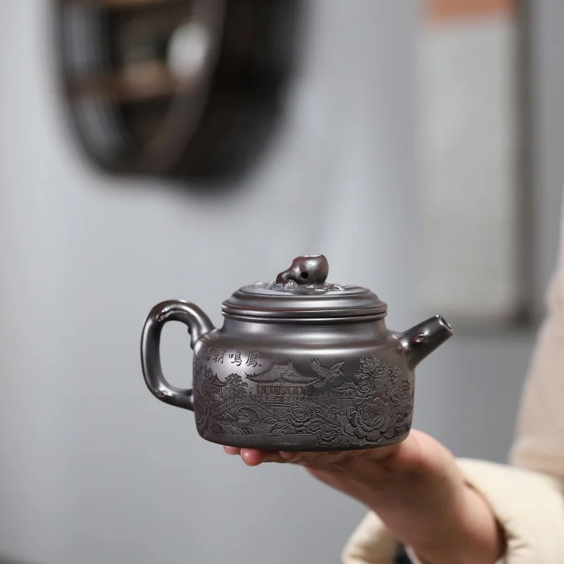 

320ml Boutique Yixing Purple Clay Teapots Handmade Peach De Zhong Pot Raw Ore Antique Brass Mud Kettle Zisha Teaset Tea Services