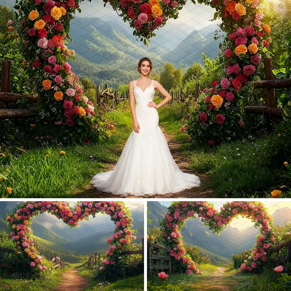 

Valentine's Day Backdrop Spring Love Heart Shaped Flower Green Mountain Grass Decoration Bridal Wedding Photography Background