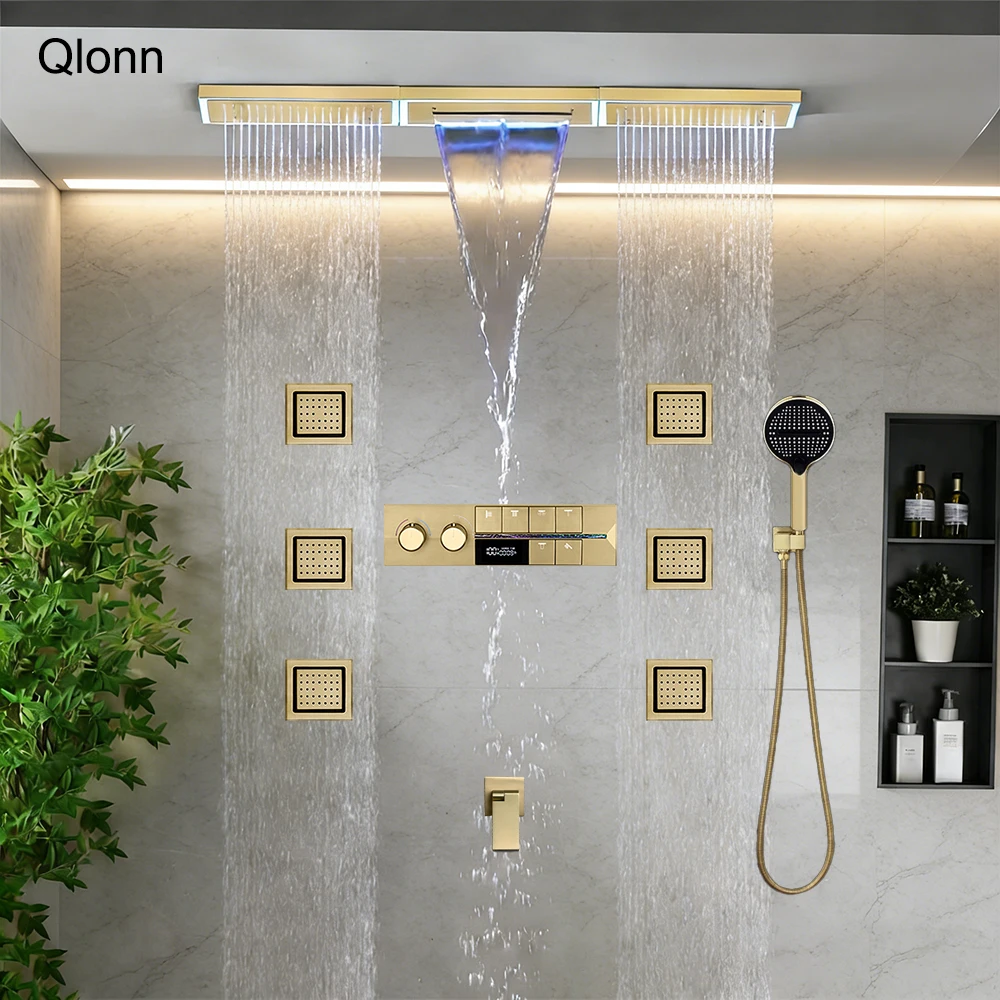 

Qlonn Luxuriou 5 Functions Showers Set LED Lighting Rain/Waterfall Shower Head Bathroom Thermostat Diverter Powerful Body Jets