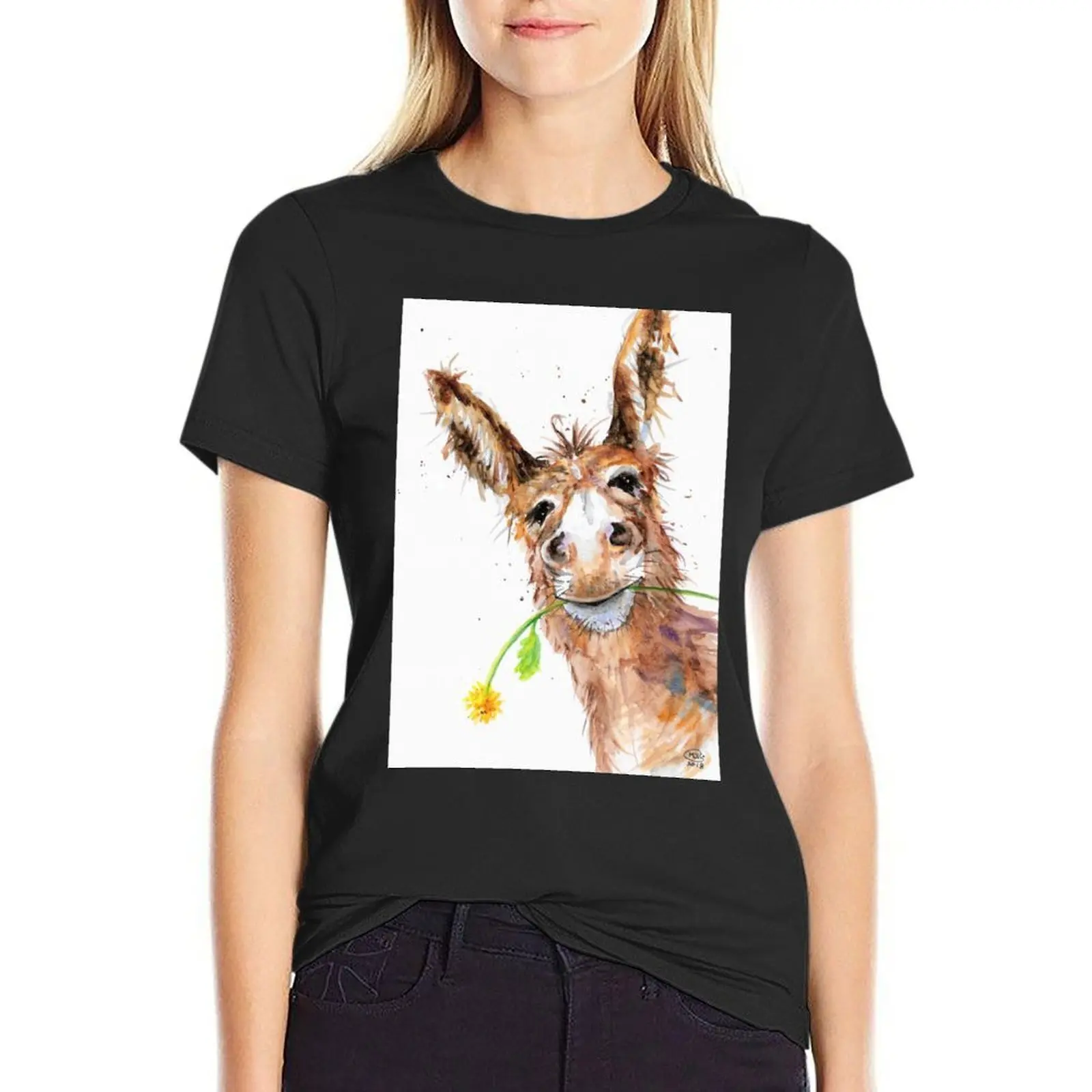 Cute Cheeky Donkey with Flower T-Shirt summer top plus sizes Woman clothing