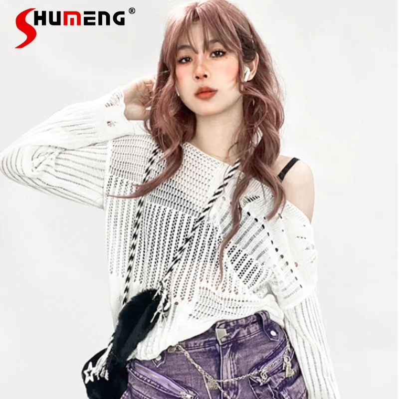 

Sub-Culture Hole Hollow-out White Knitted Pullovers Hottie Streetwear Fashion Waste Soil Style Vacation Sun Protection Top Women