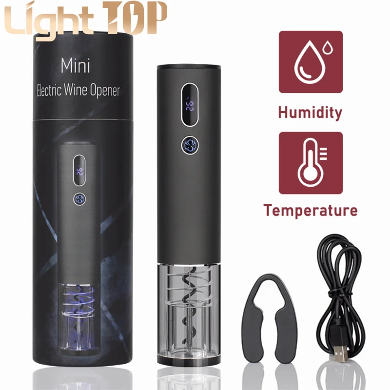 

Temperature Humidity Display Rechargeable Electric Wine Bottle Opener Automatic Red Wine Corkscrew With Foil Cutter Gift Box