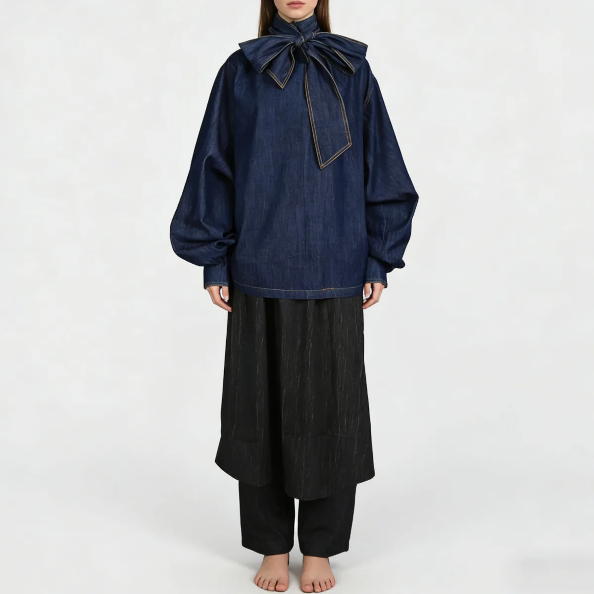 VTKW 2026 신상 여성 데님 보타이 넥 블라우스 루즈 퍼프 소매 캐주얼 탑 패션 스트리트웨어 여성 우아한 상의