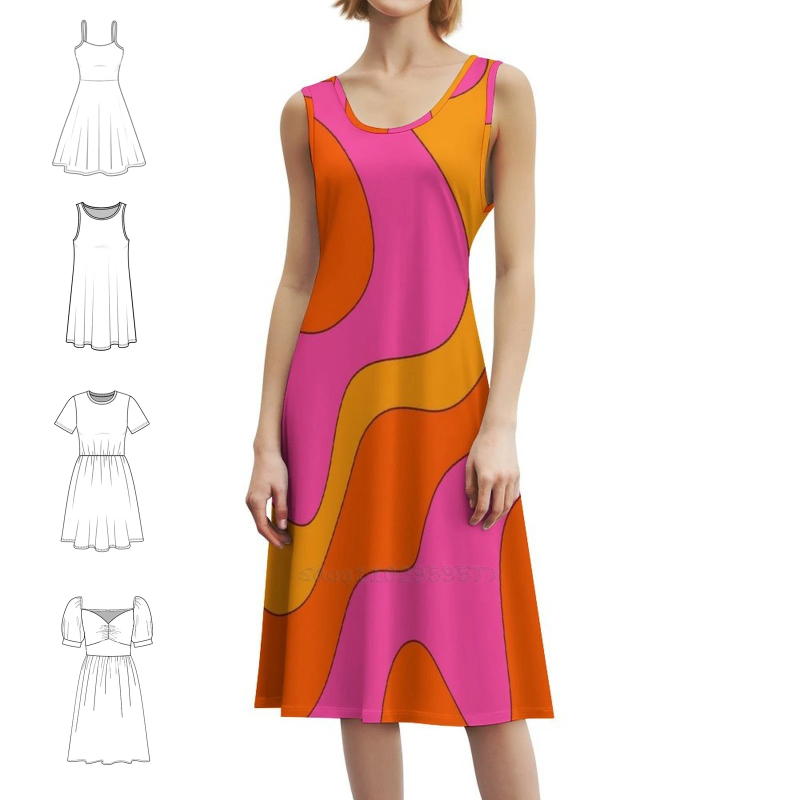 60S And 70S Groovy Retro Pattern Korean Style Casual Dress For Women Simple Daily Office Lady Dresses 60S 70S Groovy Mod