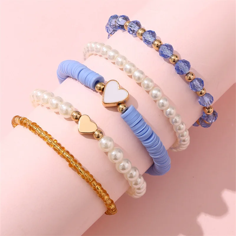 5pcs/set Everyday Cute Beaded Bracelet for Girls – Handcrafted with Faux Pearls & Colorful Seed Beads.