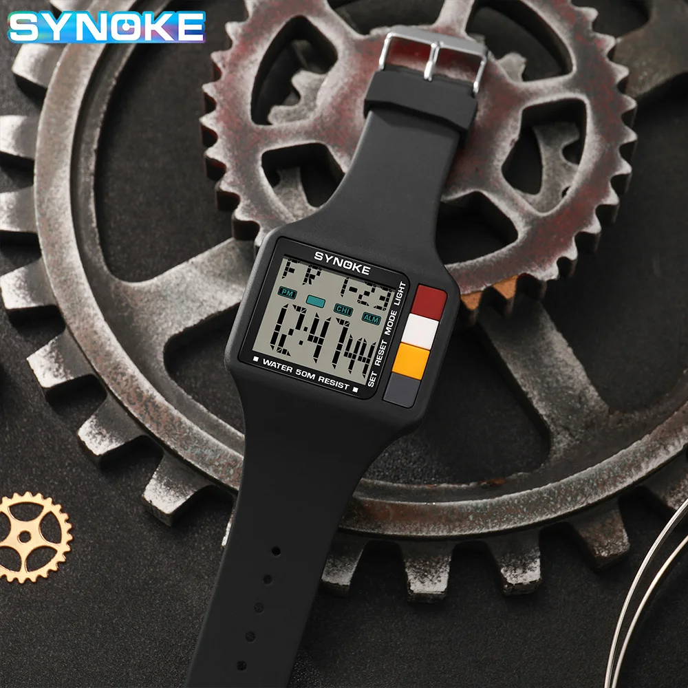 Synoke Digital Watch Men Sports Electronic Watch 5Bar Waterproof Light Large Screen Square Student Watch Outdoor Fashion Trend