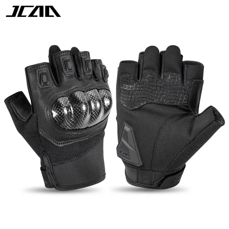 Summer Half Finger Motorcycle Riding Gloves Men's Genuine Leather Breathable Anti Drop Carbon Fiber Shell Short Motorbike Gloves